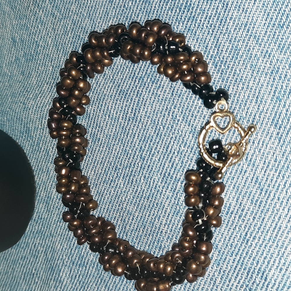 Brown & Black Beaded Gold Tone Heart Accented Toggle Bracelet "Look" - Picture 3 of 4